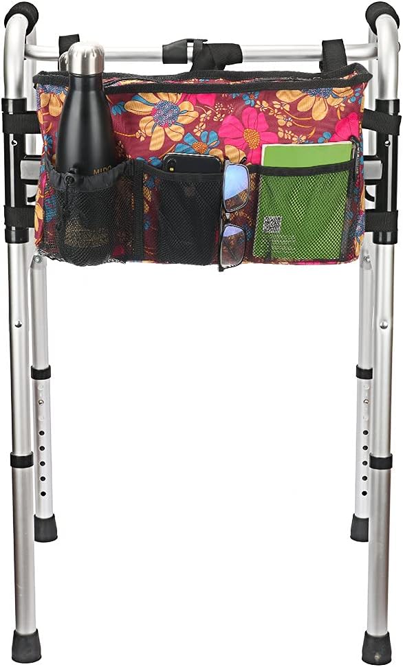 Walker Bag - Water-Resistant Pouch with 6 Pockets for Rollators & Wheelchairs | Floral Design