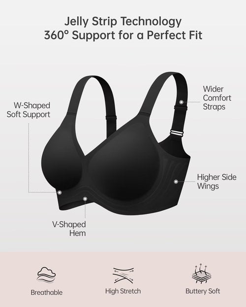 Vertvie Bras for Women No Underwire Wireless Support Bra Underarm-Smoothing Seamless Push Up Full Coverage T-Shirt Sports Bra(Black,Large Plus)