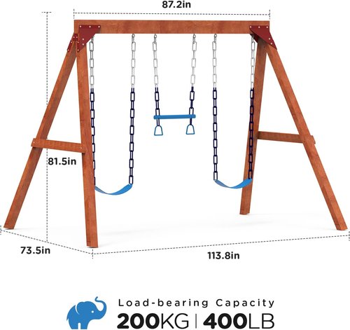 Dolphin Playground Wooden Swing Set - Outdoor DIY Swing for Kids with Trapeze Bar & 2 Belt Swings