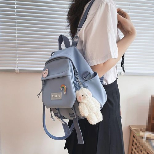 AlmondJoy Mini Backpack Aesthetic Backpack Cute Canvas Backpack Casual Travel Daypacks Solid Color (Bag Badge Bear,Purple)