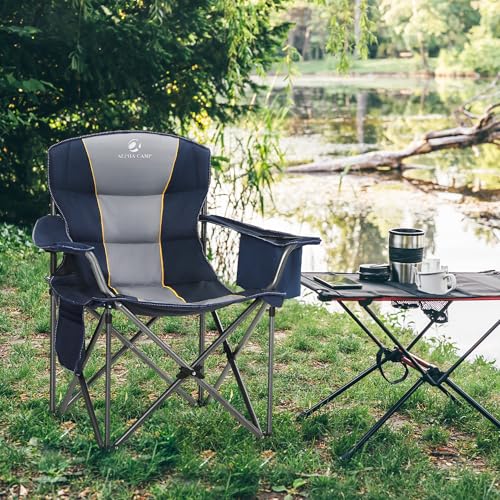 Navy Blue Oversized Folding Camping Chair with Cooler Bag & Cup Holder - Heavy Duty 450 lbs