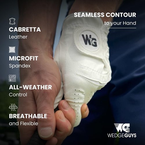 Flex Premium Cabretta Leather Golf Gloves by Wedge Guys - Stretchy Microfit Spandex Back for Comfort | Left Hand 3-Pack