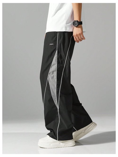 SOLY HUX Men's Baggy Track Pants Drawstring Elastic Waist Parachute Sweatpants Streetwear Black Grey Medium