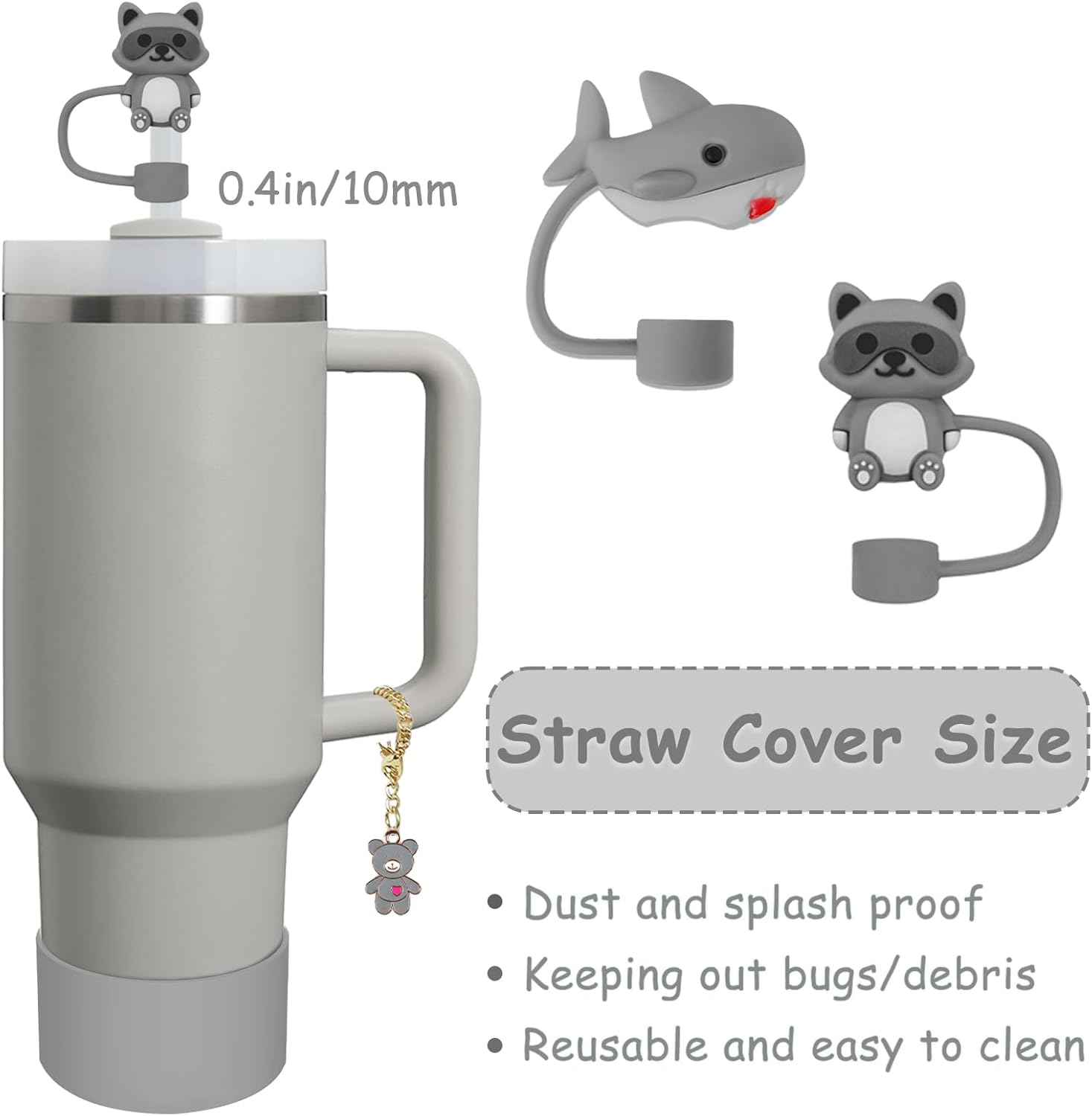Stanley Cup Accessories Set - 2 Straw Covers, Silicone Stopper & Handle Charm | Fits 30 & 40 Oz Tumblers (Grey)