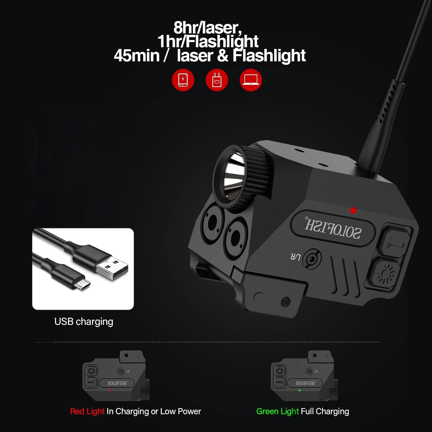 SOLOFISH Pistol Light - 500lm Rechargeable Aluminum Weapon Light with Purple/IR/Green Blue Beam Combo