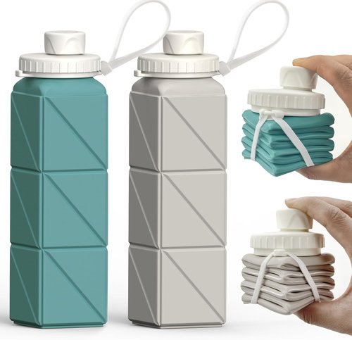 Beautail Collapsible Water Bottles - 20.6oz BPA-Free Silicone Travel Bottles | Leakproof & Portable, 2 Pack (Blue & Starlight)