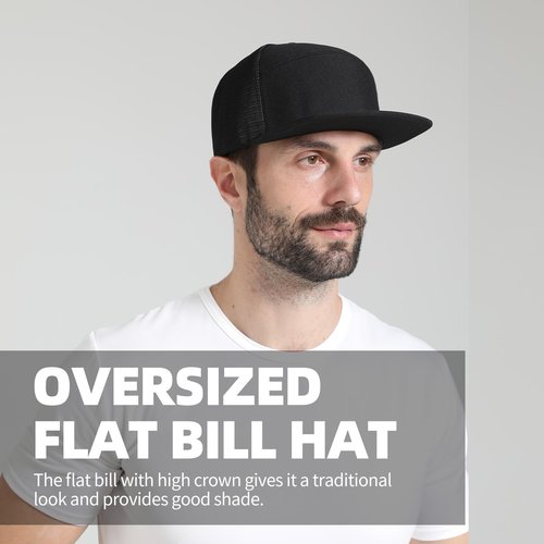 BAOPLAYKIDS Oversize XXL Blank Flatbill Mesh Snapback Cap Black 2XL Flat Bill Hats for Men Big Head 6 Panel