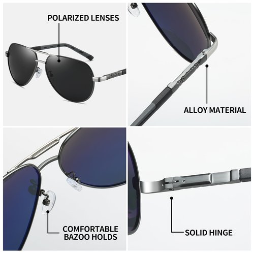 JOLLYNOVA Aviator Sunglasses Men Retro Polarized UV400 Spring Hinges TR90 Lightweight Premium Glasses (Blue Lens Gun Frame)