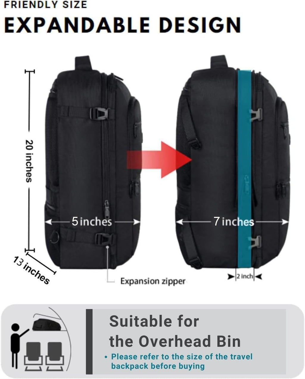 Vancropak Carry-On Backpack - 40L Expandable Travel Bag | Flight Approved & Water Resistant, Black
