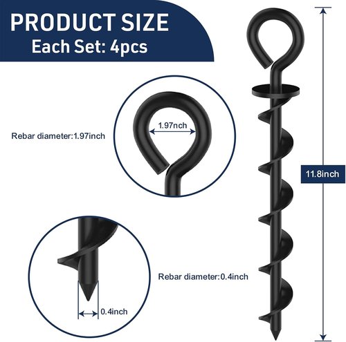 Eurmax USA Canopy Tent Stakes - Durable Corkscrew Steel Design with Installation Tool & 4 Wind Ropes | Set of 4 (Black)