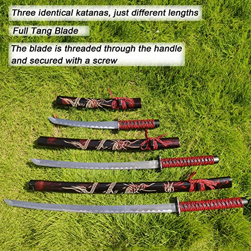 Dark Red 3-Piece Samurai Sword Set with Display Stand - Iaido Carbon Steel Blades