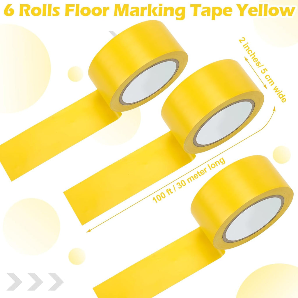 Outus Floor Marking Tape - Durable 2" Yellow Non-Abrasive Tape for Social Distancing | 100' Length, 6 Rolls