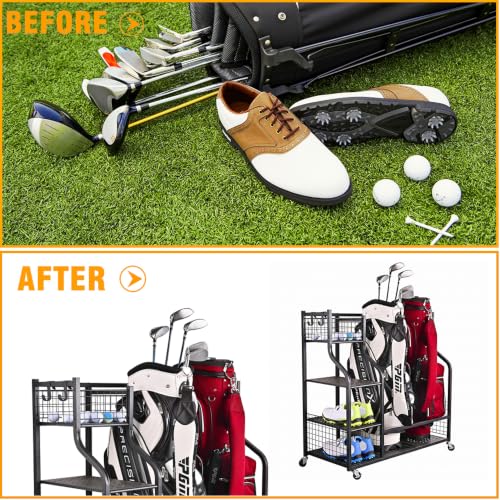 Golf Bag Garage Storage Organizer for 2 Bags - Black, Heavy Duty Metal Rack with Shelves & Hooks