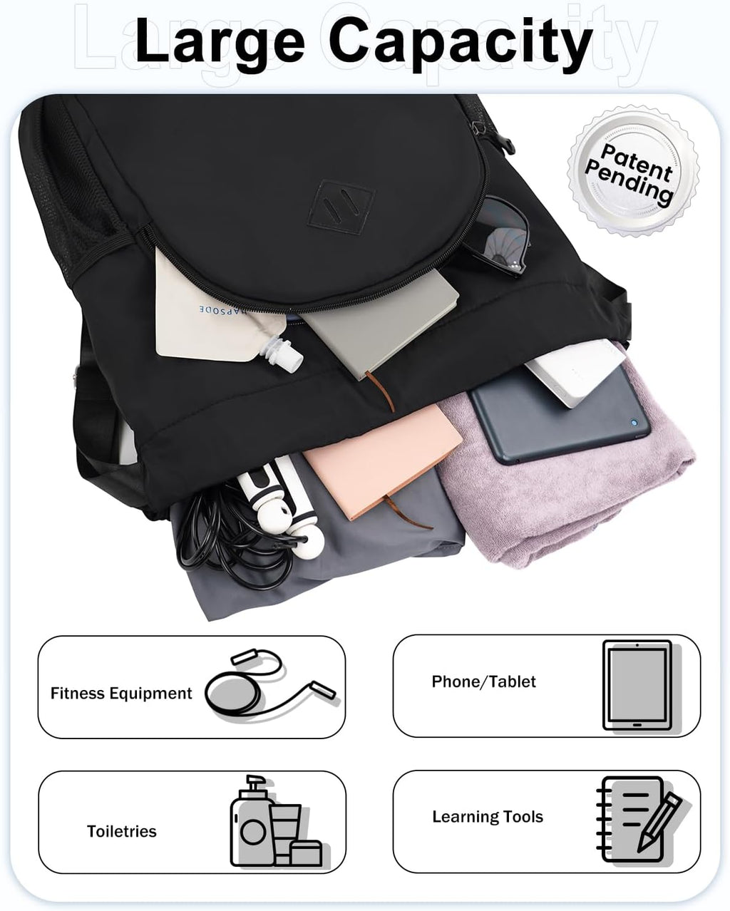 RHDZO Drawstring Backpack - Gym Bag with Shoe Compartment & Wet Pocket | Black