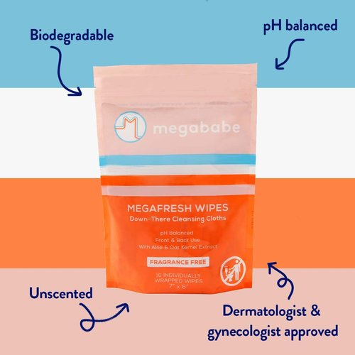 Megababe Megafresh Wipes - Unscented Intimate Cleansing Wipes | pH Balanced & Versatile | 16 Individually Wrapped Wipes