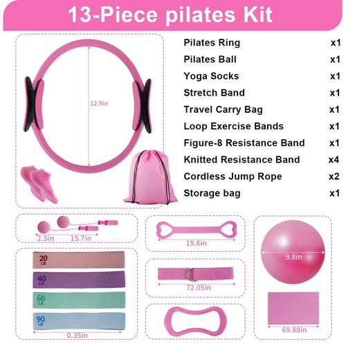 CoreHarmony Home Pilates Workout Set for Women, Magic Circle Ring with Mini Ball, Stretch Loop Band, Workout Towel and Grip Socks, Valentine’s Day Gift for Her