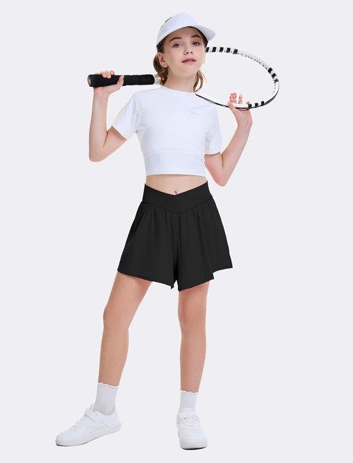 FireSwan Girls Butterfly Shorts - 2-in-1 Crossover Athletic Skorts with Pockets for Teens & Youth