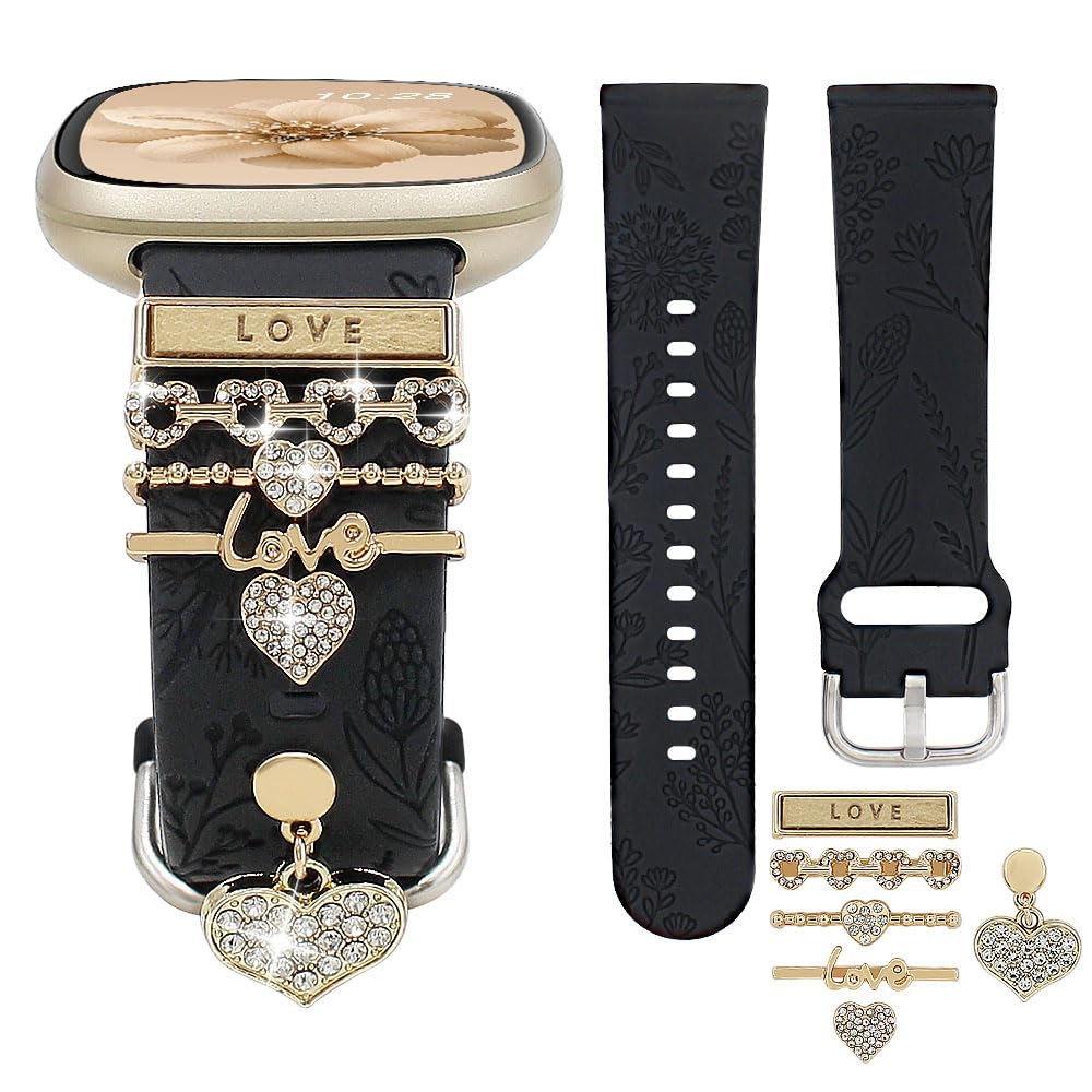 REALSIGN Floral Engraved Band and Decorative Ring Loops Compatible with Fitbit Versa 3/Versa 4/Sense/Sense 2 Bands Women,Stylish Silicone Band with Bling Cute Stud Charms Pendant Strap (Love Gold/Black)