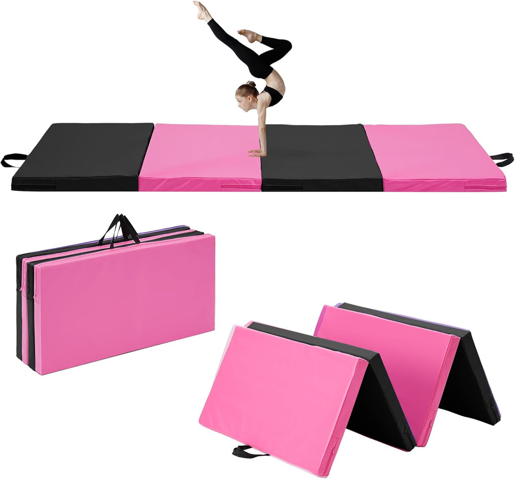 Skiennix Gymnastics Mat - Portable 4-Fold Thick Yoga Mat with PU Leather & Carry Handle - 6'x3'x2''