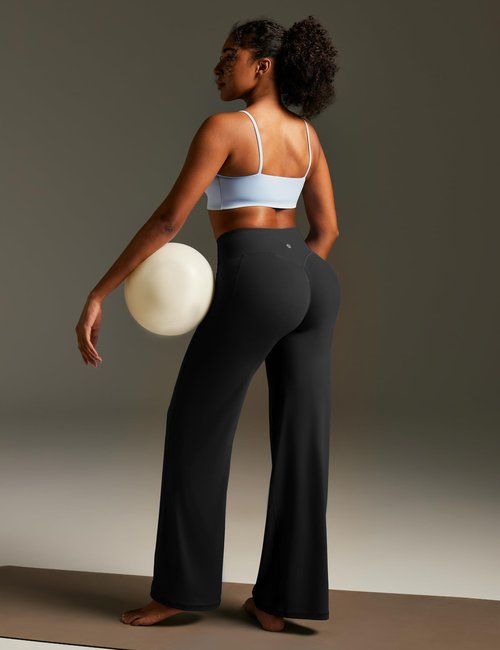 Heathyoga Butt Lifting Wide Leg Leggings with Pockets for Women Straight Leg Yoga Pants Women No Front Seam Workout Leggings Black