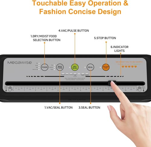 MEGAWISE 2025 Vacuum Sealer Machine - One-Touch Automatic Sealing in 10-20 Seconds | Compact Design with 10 Bags (Grey)