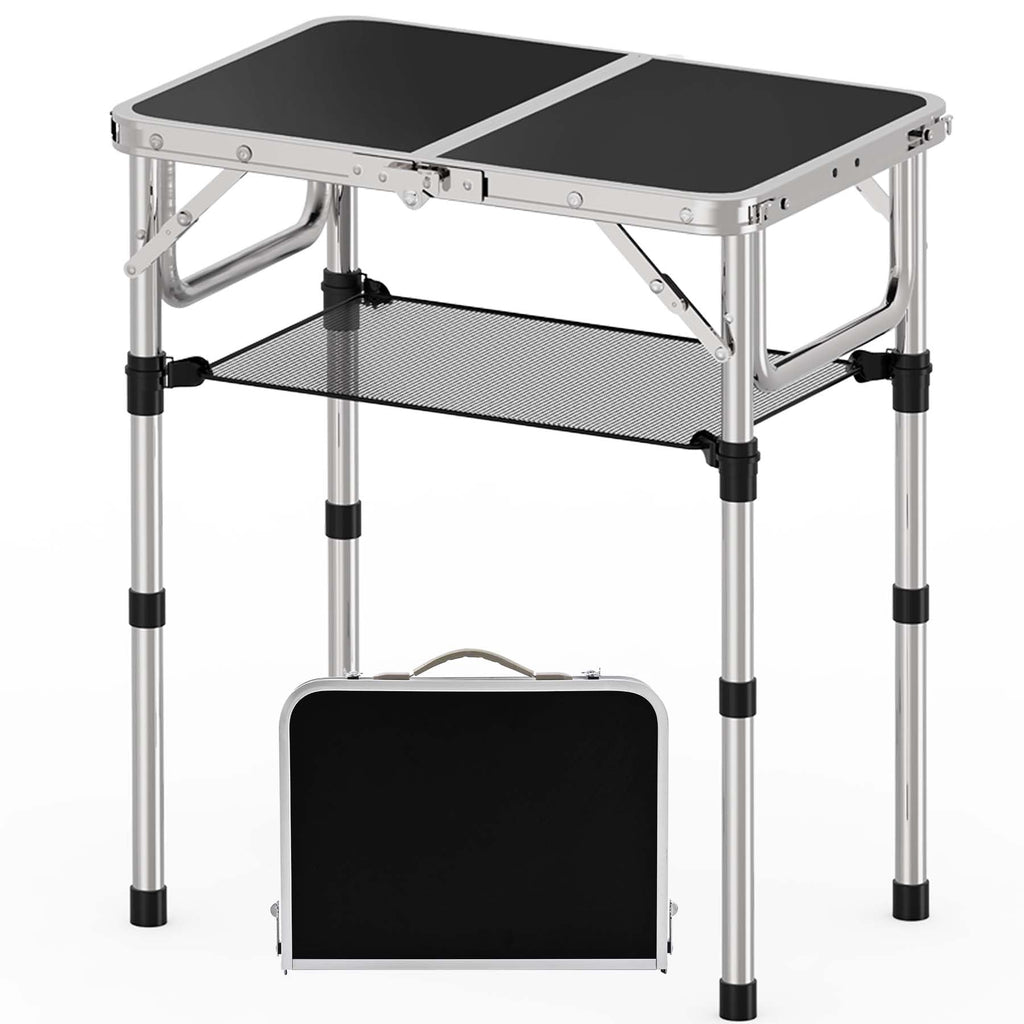 YihuiKo Small Folding Table, Aluminum 24" x 16" Adjustable Height Max 27.5" Folding Camping Table with Carrying Handle, Lightweight, Portable Camp Table for Outdoor Indoor Picnic Beach, Black