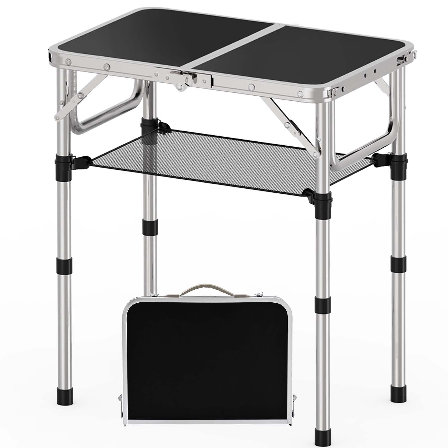 YihuiKo Small Folding Table, Aluminum 24" x 16" Adjustable Height Max 27.5" Folding Camping Table with Carrying Handle, Lightweight, Portable Camp Table for Outdoor Indoor Picnic Beach, Black