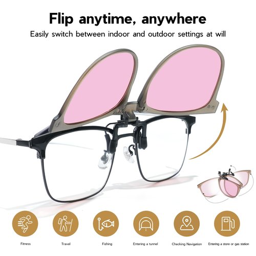 Solsun Polarized Clip on Sunglasses for Men Women UV Protection Anti Glare Driving Fishing Glasses (S12, Clip on-S12-Pink Coffee)