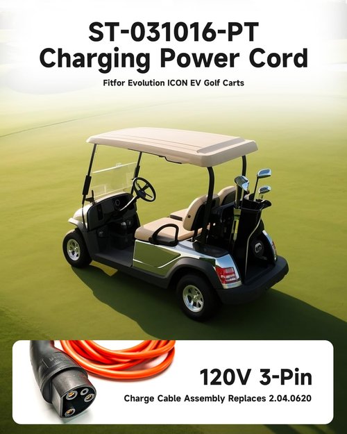 Donminggl Golf Cart Charger & Evolution Golf Cart Parts - EV Charging Cable & 3-Pin Charge Plug, 10FT 120V,Replaces OEM# 2.04.0620 ST-031016-PT for Evolution D5 & ICON (Plug and Play)