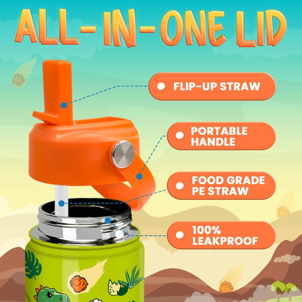 Skiennix Dinosaur Water Bottle - Insulated 12 Oz Stainless Steel T-Rex Cup with Straw Lid for Kids
