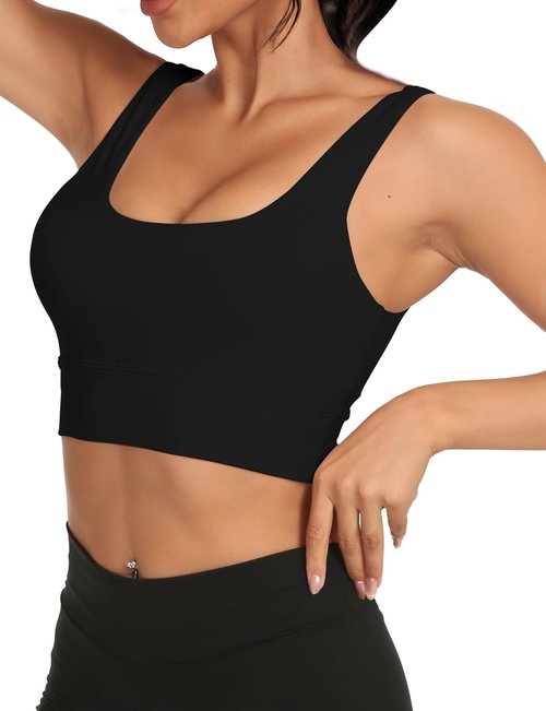 Buauty Sports Bras for Women, High Support Molded Cup Scoop Neck U Back Crop, Workout Push up Compression Bra with Built, Open Back Gym Athletic Bras Black M