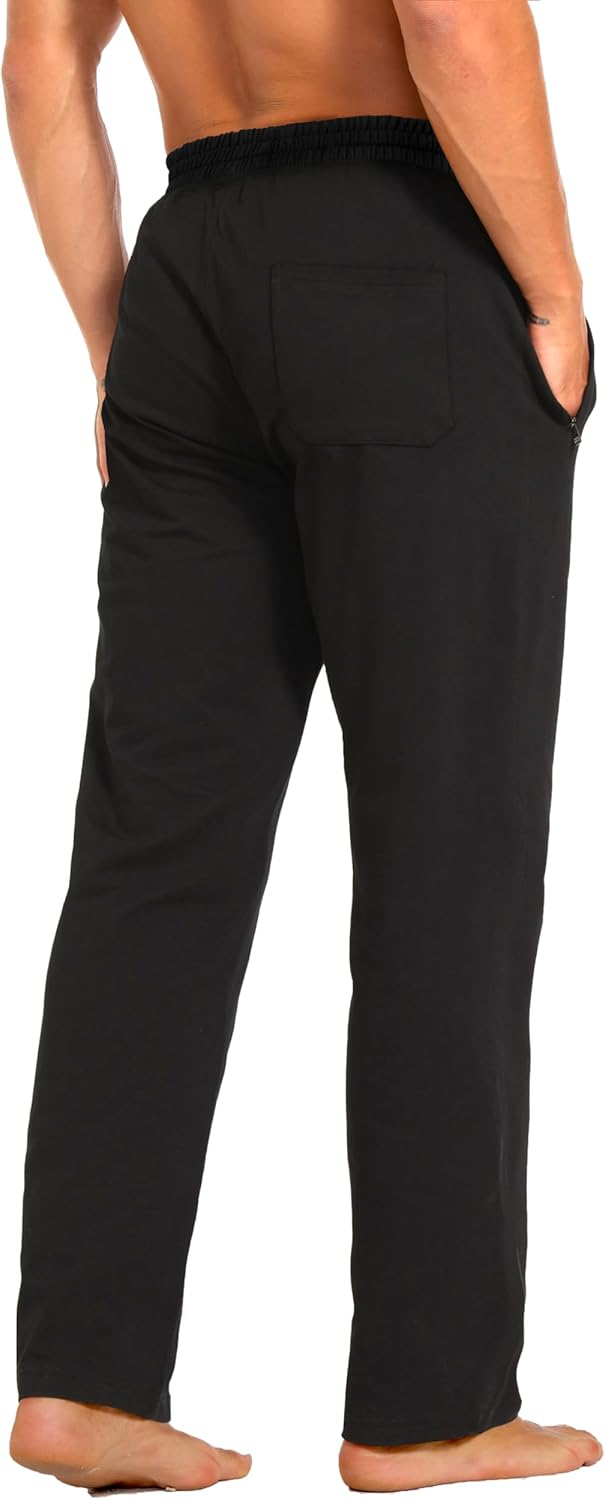 Skiennix Men's Cotton Yoga Pants - Casual Jersey Sweatpants with Zipper Pockets | Open Bottom, Straight Leg
