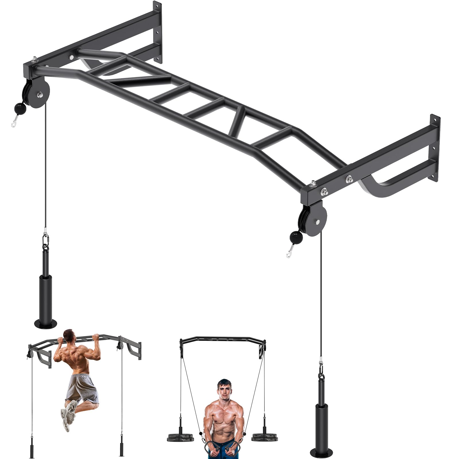 SELEWARE 48" Wall Mount Pull Up Bar with Pulley System, Heavy Duty Multi-Grip Chin Up Bar for Home Gym, 500 lbs Capacity, Fits 16" & 24" Wood Studs, Upper Body Workout Equipment for Strength Training