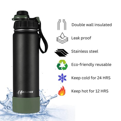 FAZLANIX 650ml/22oz Stainless Steel Water Bottle with Sports & Straw Lids Insulated Double Walled Metal Flask Leakproof Silicon Base Keep Drinks Hot Cold for Sports Gym Bike Camping Adult Men Women