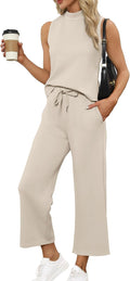 SAMPEEL Two-Piece Summer Sets for Women - Mock Neck Tops & Wide Leg Crop Pants | Perfect for Vacation Travel