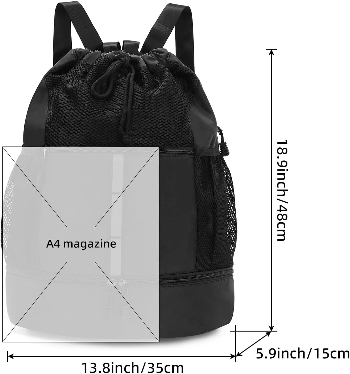 Valleycomfy Gym Bag - Drawstring Sports Backpack with Shoe Compartment & Reflective Strips | Black