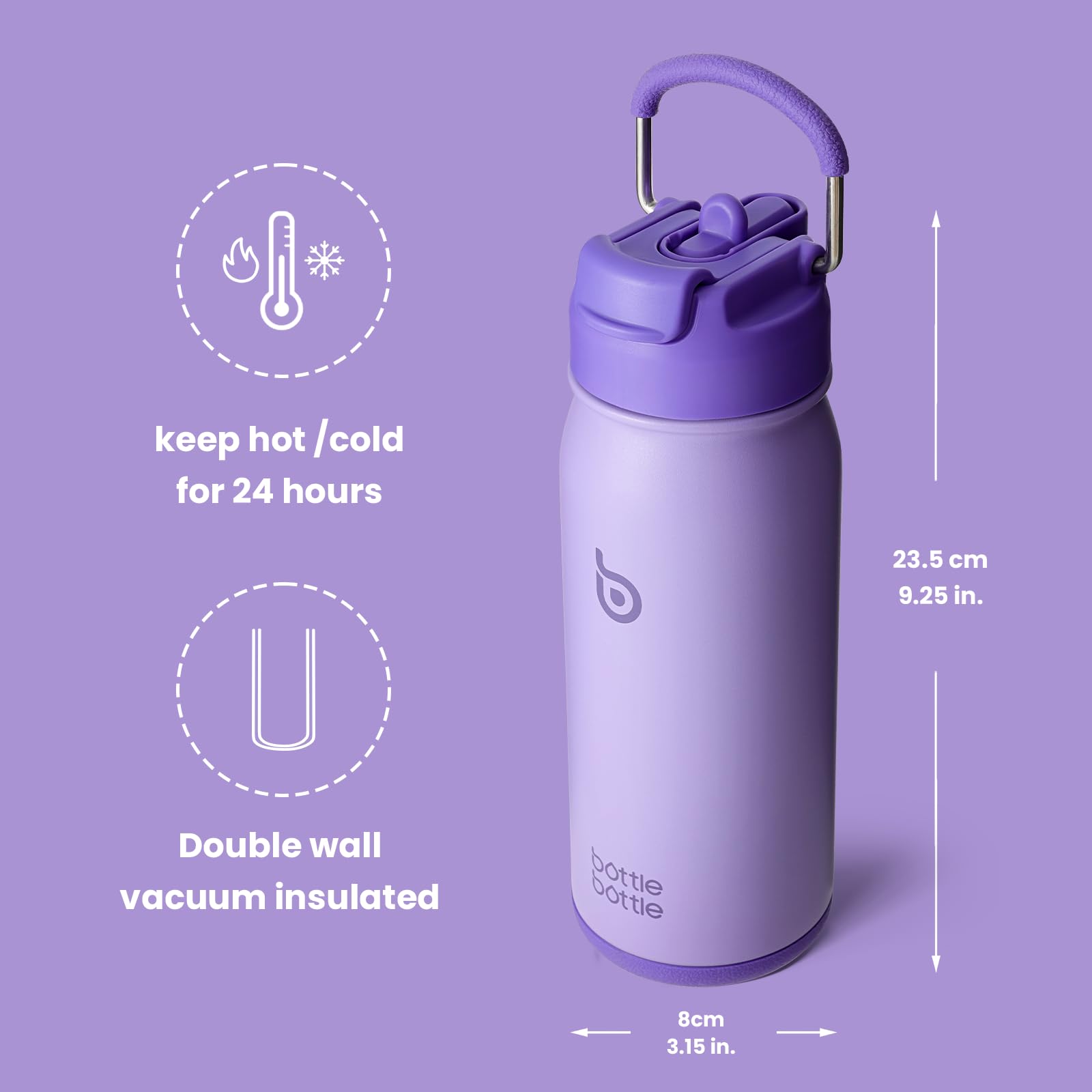 BOTTLE BOTTLE 16 oz sports water bottle stainless steel insulated kids water bottle with straw and pills holder for gifts and school (purple)