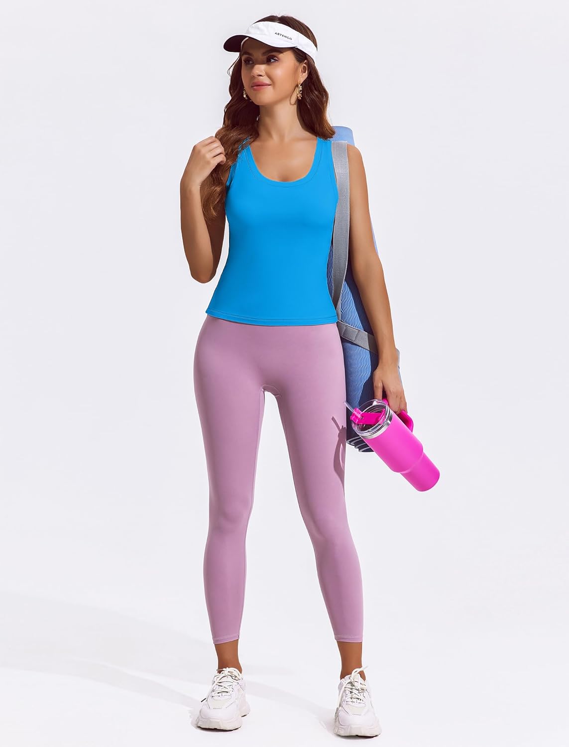 PINSPARK Crop Workout Tops - Double Lined Athletic Tank for Women | Sleeveless Scoop Neck in Blue, Medium