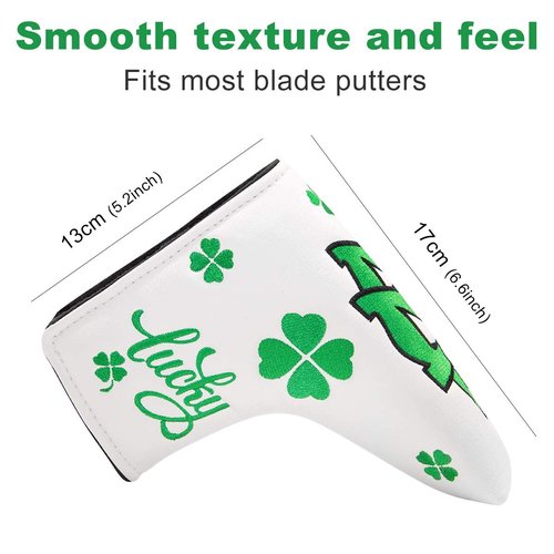 Lucky Green Clover Shamrock Golf Blade Putter Cover Headcover Club Protective Golf Accessories for Men,Soft Synthetic Leather,for Scotty Cameron,Odyssey,Taylormade in White