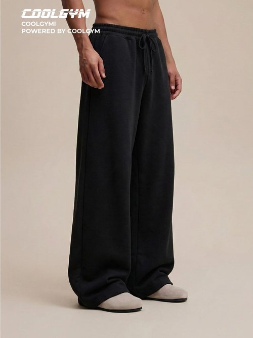COOLGYM Mens Baggy Sweatpants Wide Leg Deep Pockets Open Bottom Flare Sweat Pants Elastic Drawstring Air Layer No Wrinkle Black