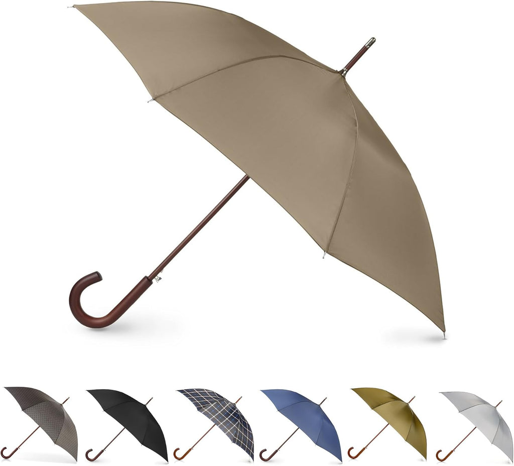 Totes Auto Open Umbrella - Water Repellent Design with Classic Wood J Hook Handle