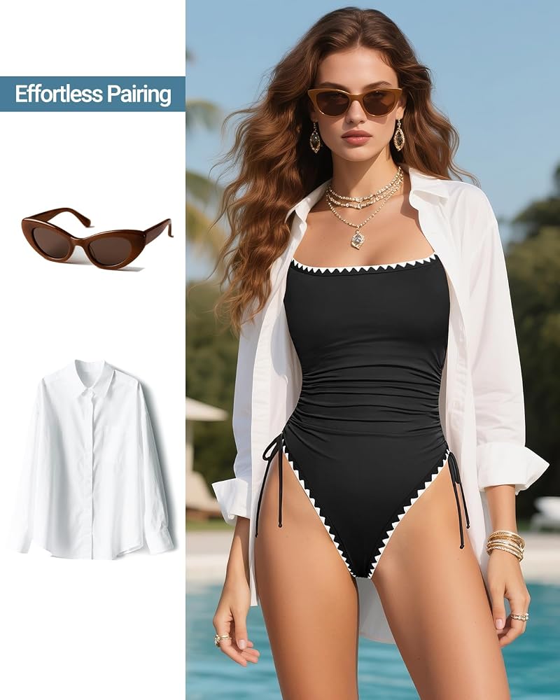 Daci Women's High Cut One Piece Swimsuit with Tummy Control - Black & White, Medium