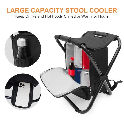 YESIACE Portable Folding Camping Stool, Backpack with Cooler Bag, Hiking Seat, Outdoor Fishing Hunting Gifts, Black