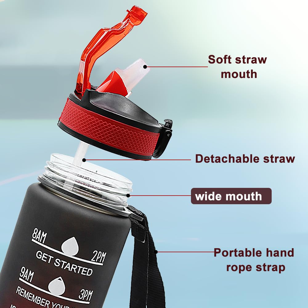WATMHHJQ 32oz Sports Water Bottle Outdoor, with Drinking Time and Capacity Labels, Sport Water Cups with Straw,BPA Free Leak Proof,for Fitness Gym Running Climbing (Black red)
