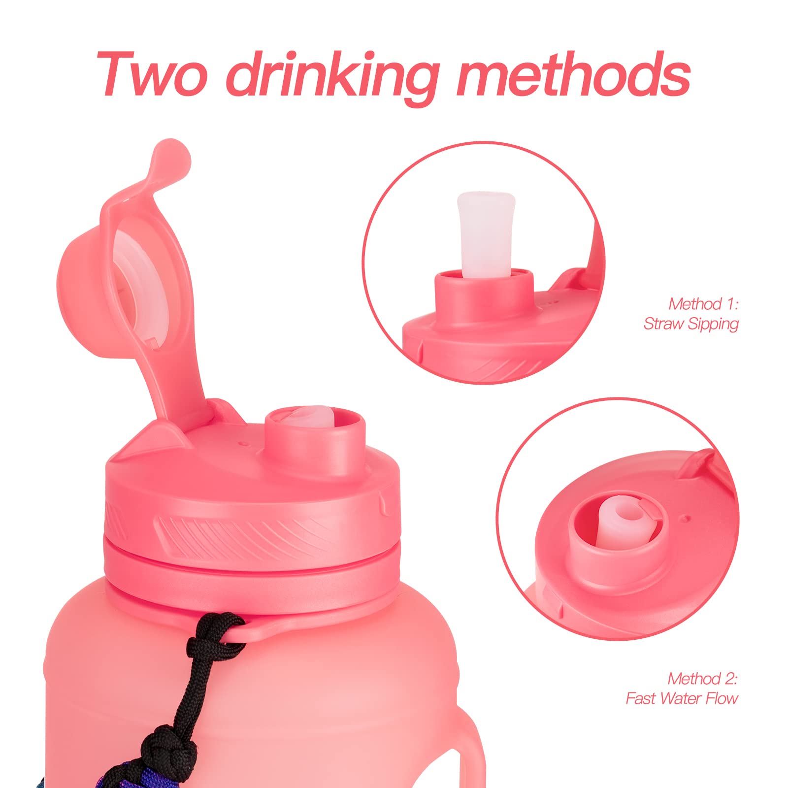 TakeToday 68 oz Collapsible Water Bottles with Straw, Half Gallon Water Bottle with Motivational Time Marker, Large Reusable Silicone Water Jug with Paracord Handle for Sports, Outdoors (Black)