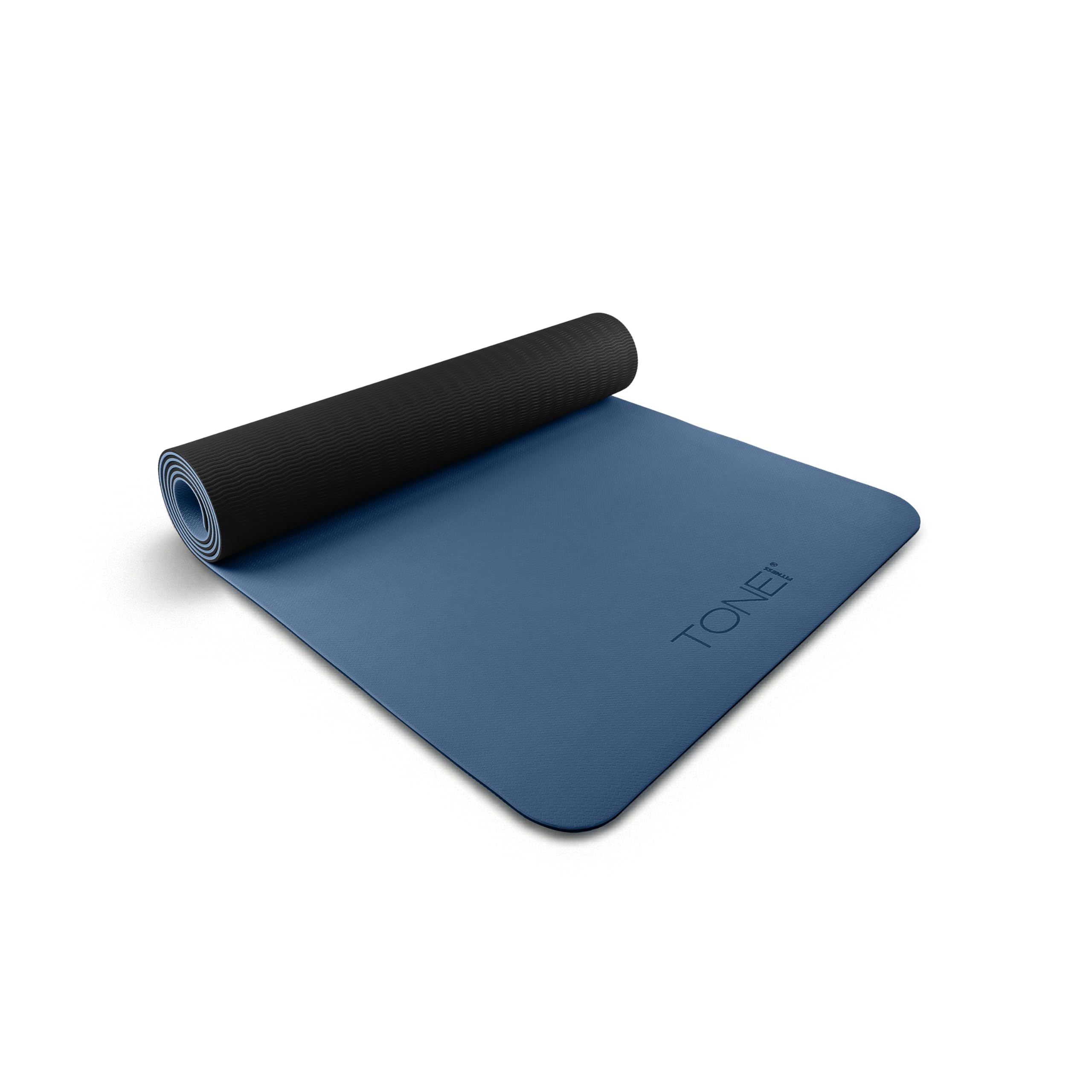 TONE Fitness Yoga Mat 1/4" Thick Non Slip Exercise & Pilates Mat for Home Workouts with Carrying Strap | V Pattern | Black/Blue