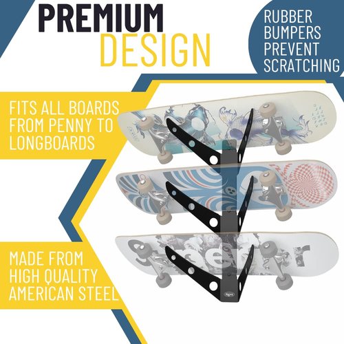 Koova 3 Skateboard Wall Mount Rack Holder | Creative Deck Display | Home or Garage Longboard Storage | Scooter Hanger | Easy Install - Hardware Incl. | Heavy Duty Powder Coated Steel Frame | USA Made