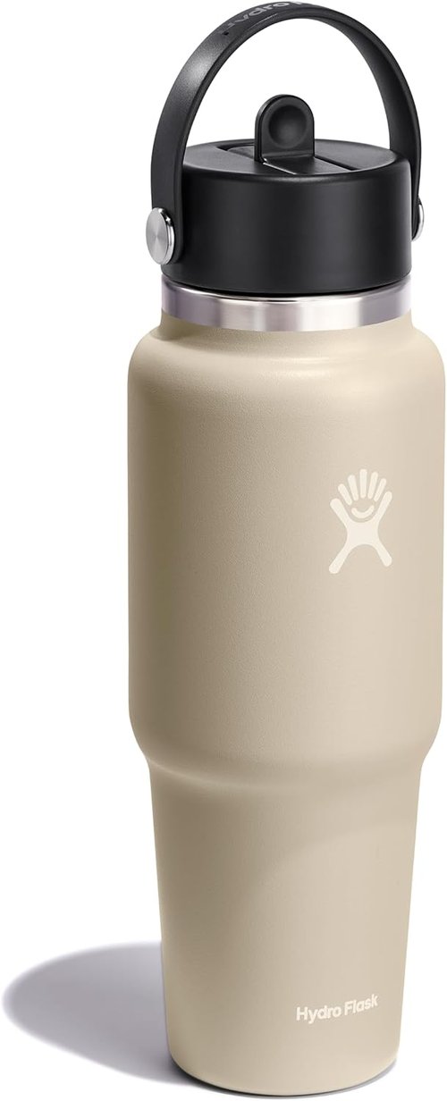Hydro Flask Travel Water Bottle - Insulated Stainless Steel - Leakproof Wide Straw Lid | 32 Oz Oat Tan