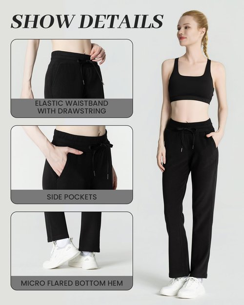 Leapstride Women's Micro Flared Fleeced Sweatpants - Elastic Waist Drawstring, Warm Fleece for Winter Daily Wear Black