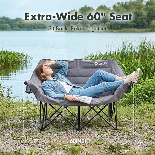Villey Oversized Double Camping Chair Grey Heavy-Duty Folding Loveseat
